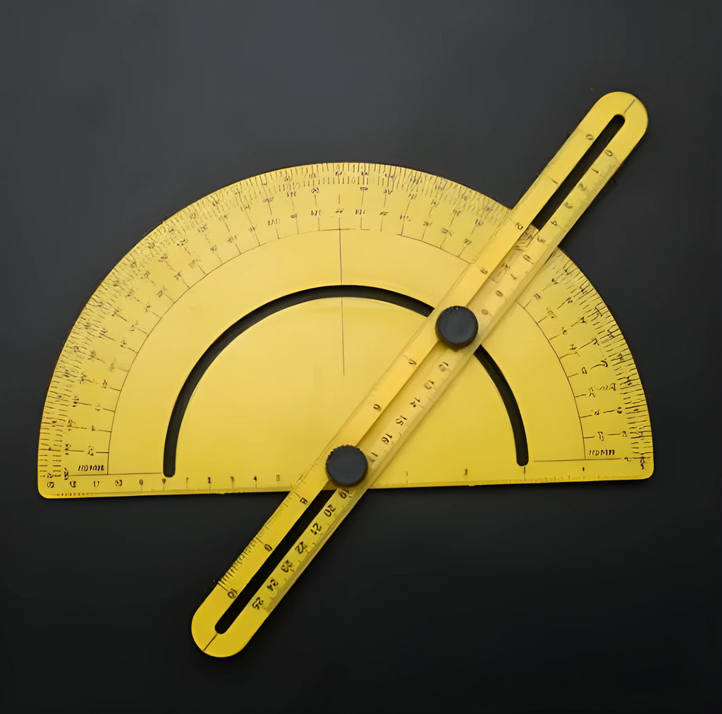 Plastic carpentry angle ruler tool with 180-degree scale on square-shaped board