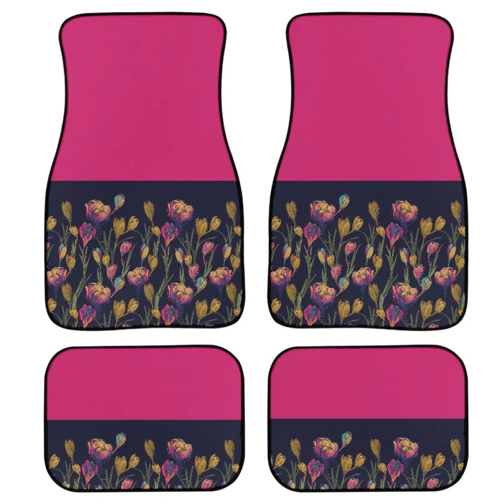 Black printed rubber car floor mat set, four pieces, 20mm thick, on a car interior floor.