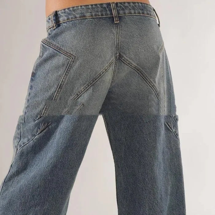 Women's blue cotton loose straight wide leg mop trousers with low-waist stitching design laid flat