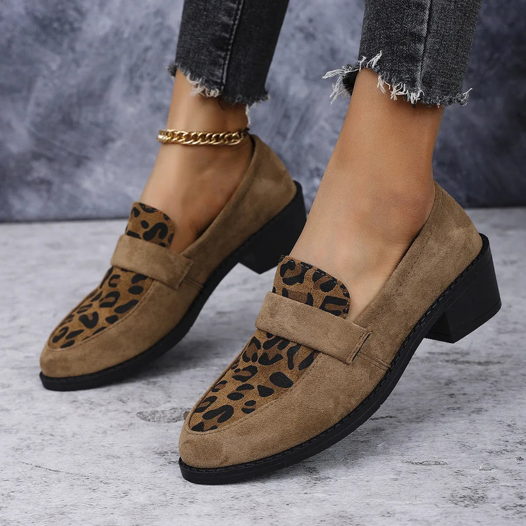Women's leopard print suede slip-on shoes with chunky mid-heel and pointed toe in brown, pink, and khaki