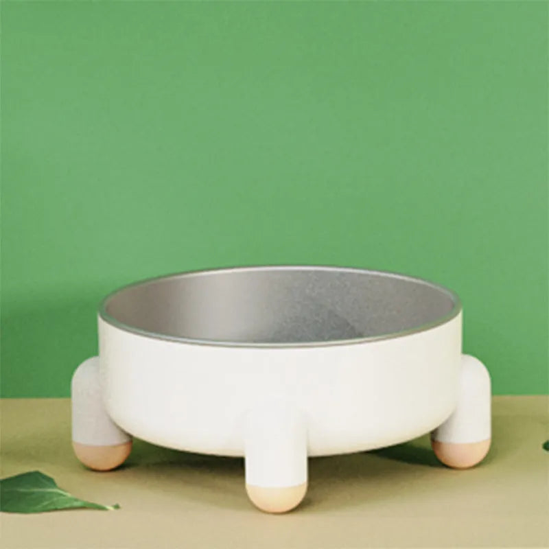 Stainless steel pet bowl with high foot design in green, pink, and white colour options