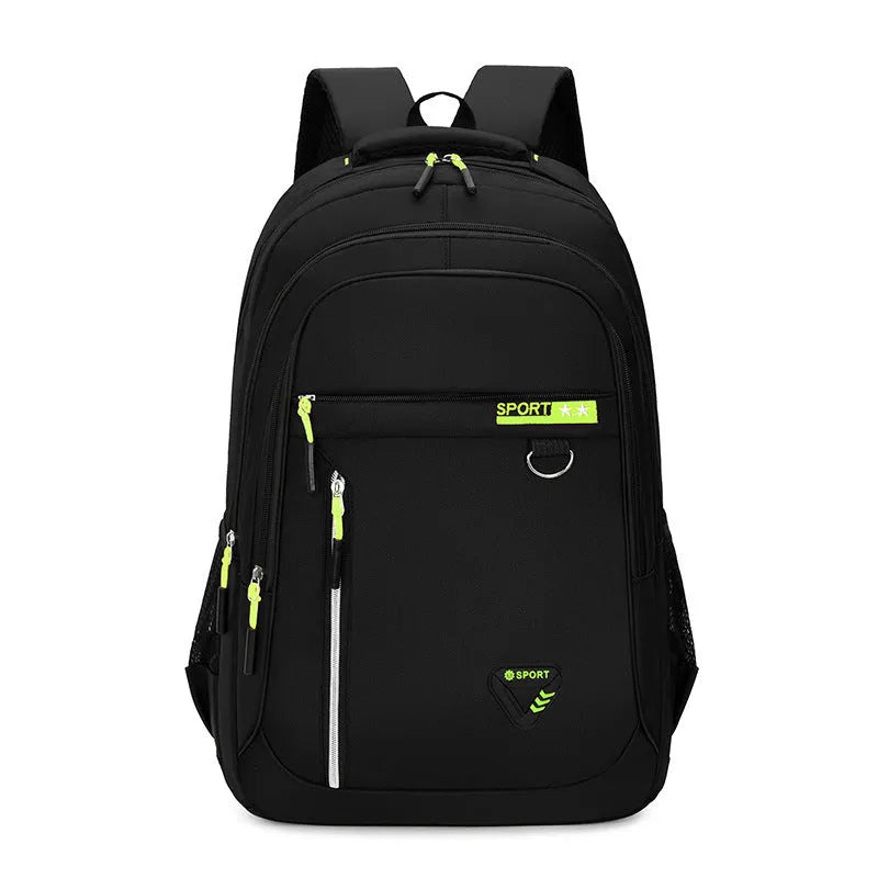 Men's large Oxford cloth schoolbag in black with letter pattern, showing air pillow belt and splicing detail.