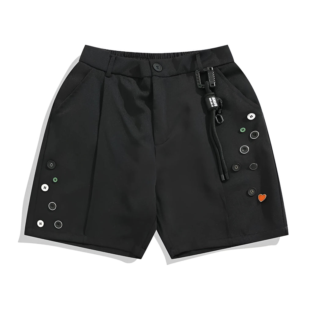 Men's black loose-fit straight-leg shorts with a semi-elastic waistband and zipper fly.