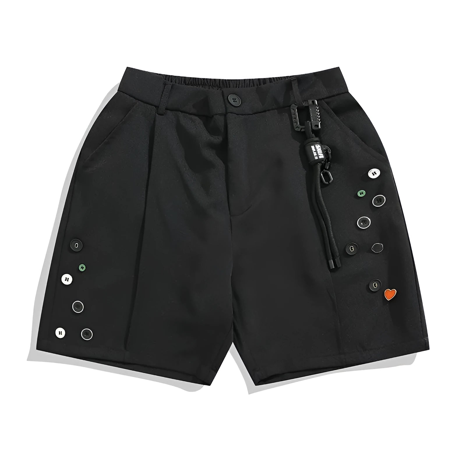 Men's black loose-fit straight-leg shorts with a semi-elastic waistband and zipper fly.