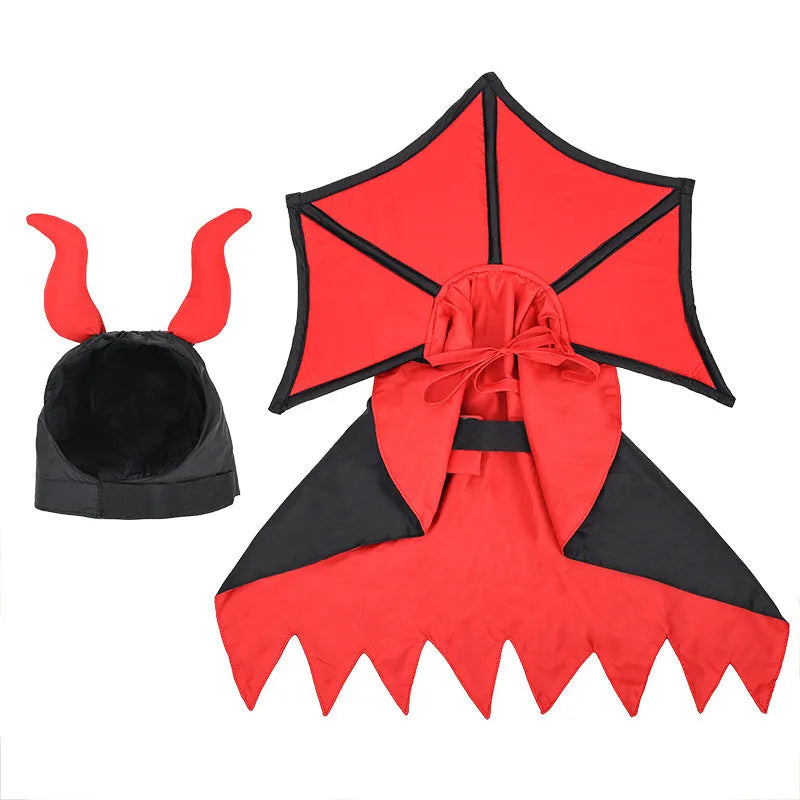 Black polyester vampire cloak and hat costume for a small dog or cat on Halloween.