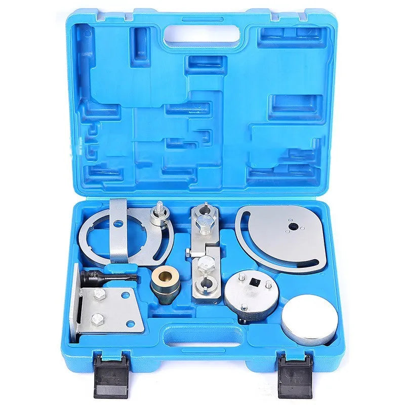 Volvo engine timing alignment tool kit made of carbon steel for cylinder head repair.