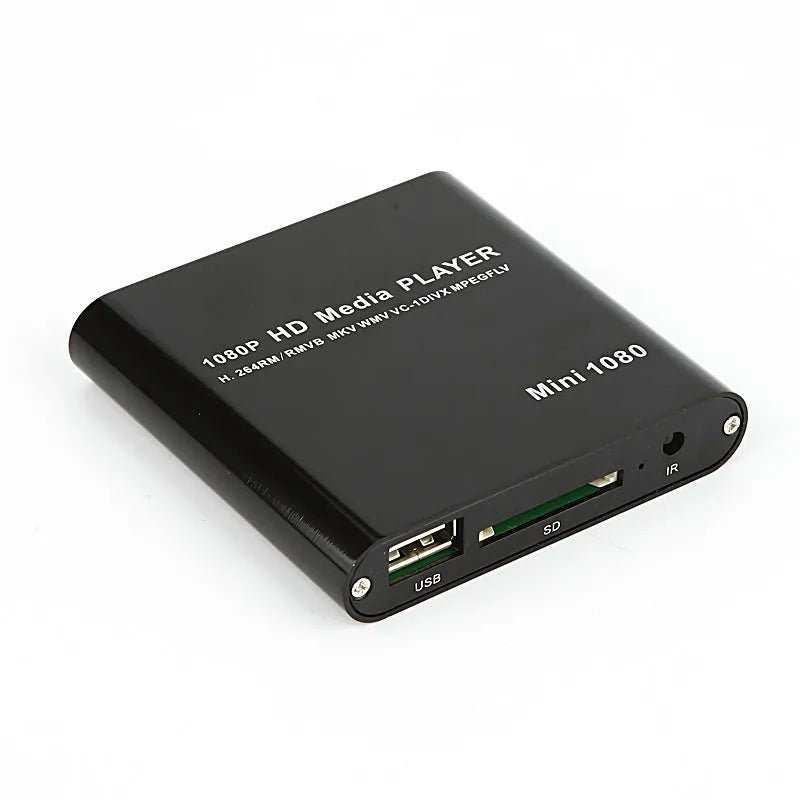 Compact blue and black all-metal 1080P Full HD media player with HDMI port for SD cards and USB drives.