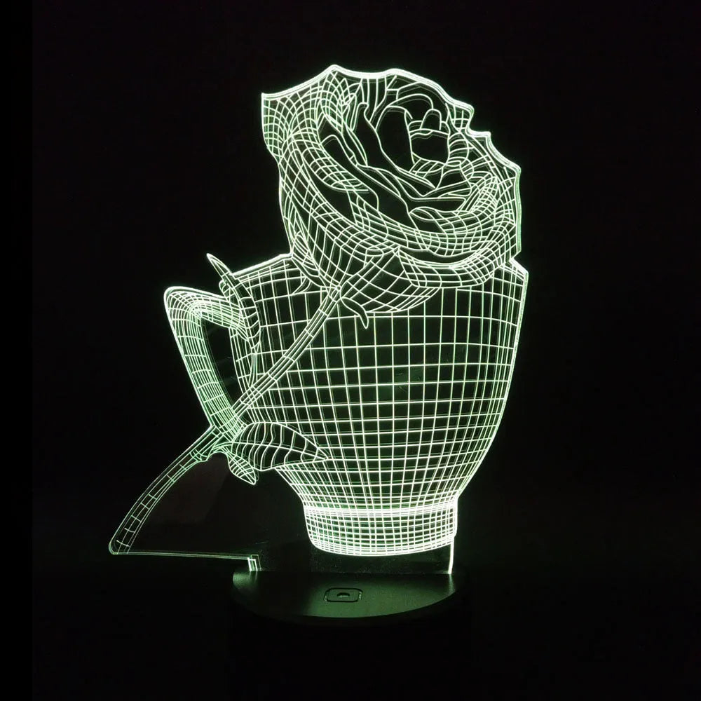 3D rose flower night light with acrylic panel and remote control showing multiple colour options