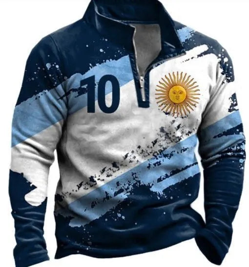 Men's loose fit long sleeve t-shirt with retro stripe prints and zip decorations