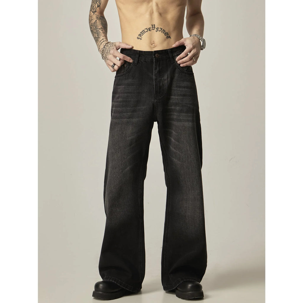 American retro black loose straight jeans with zipper fly on mannequin showing loose fit