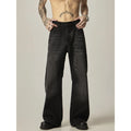 American retro black loose straight jeans with zipper fly on mannequin showing loose fit