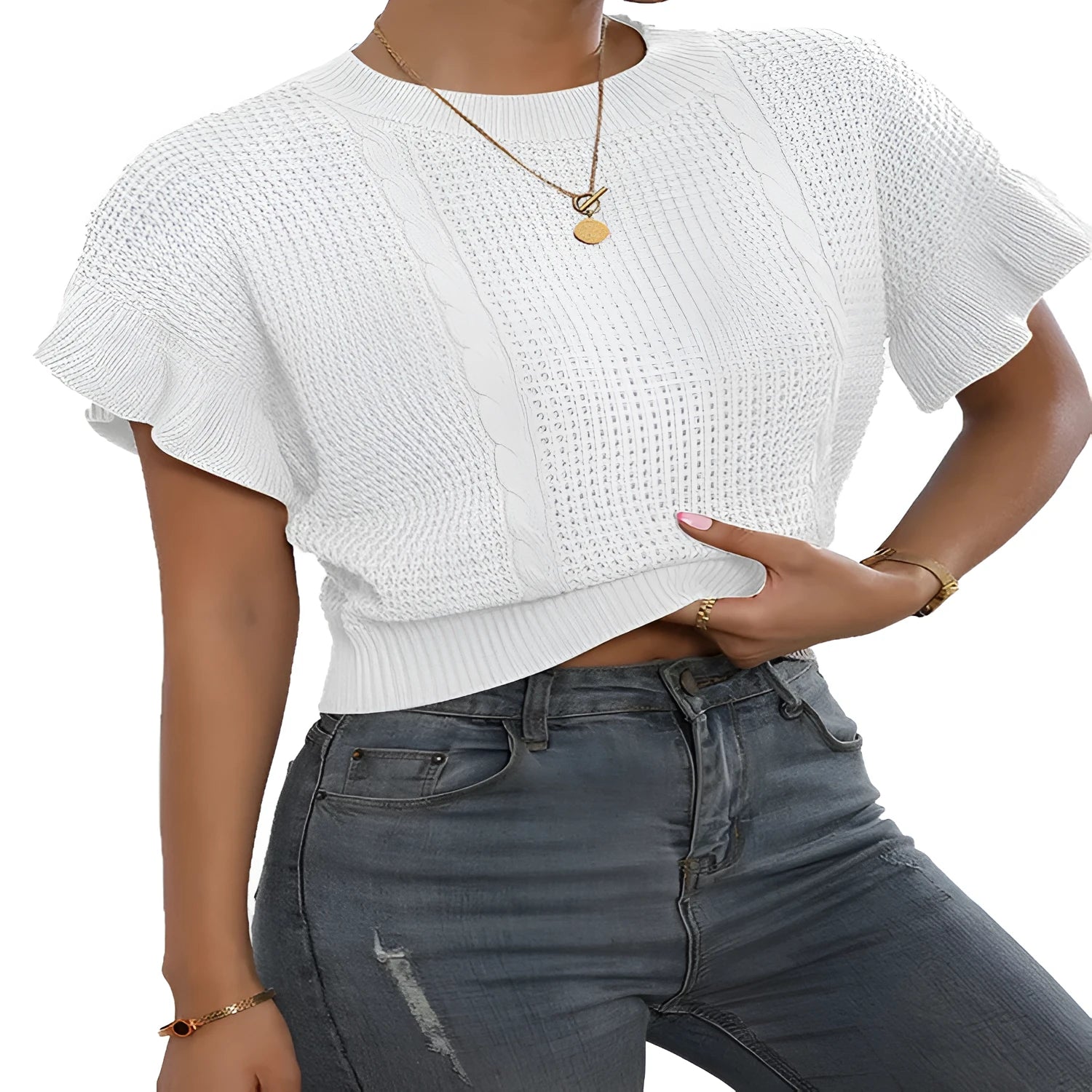 White knitted pullover sweater with ruffled short sleeves and twisted string 3D pattern texture