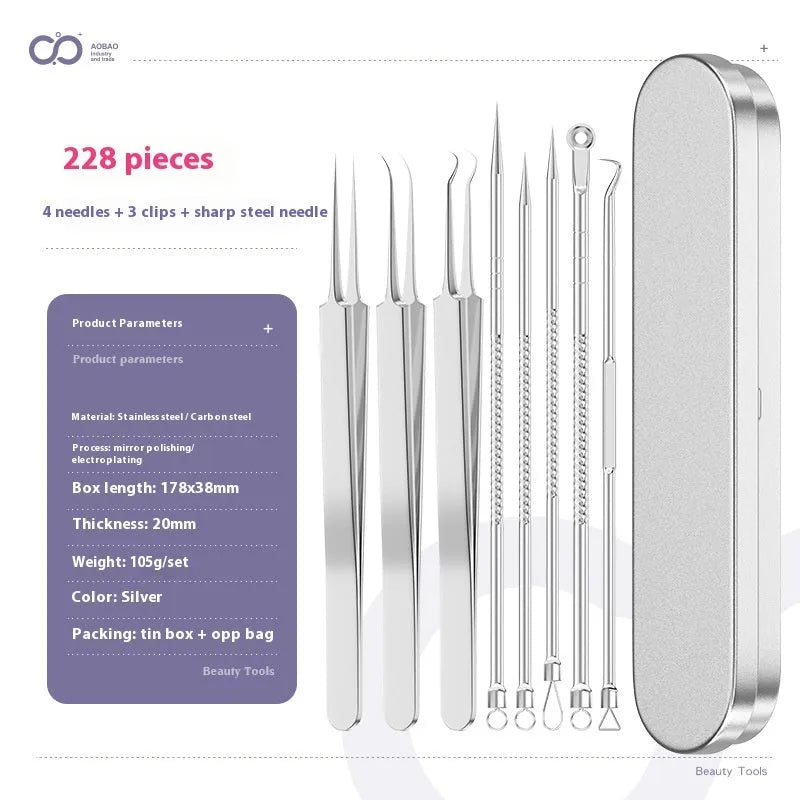 Four metal acne needles with pointed tips arranged on a clean surface.