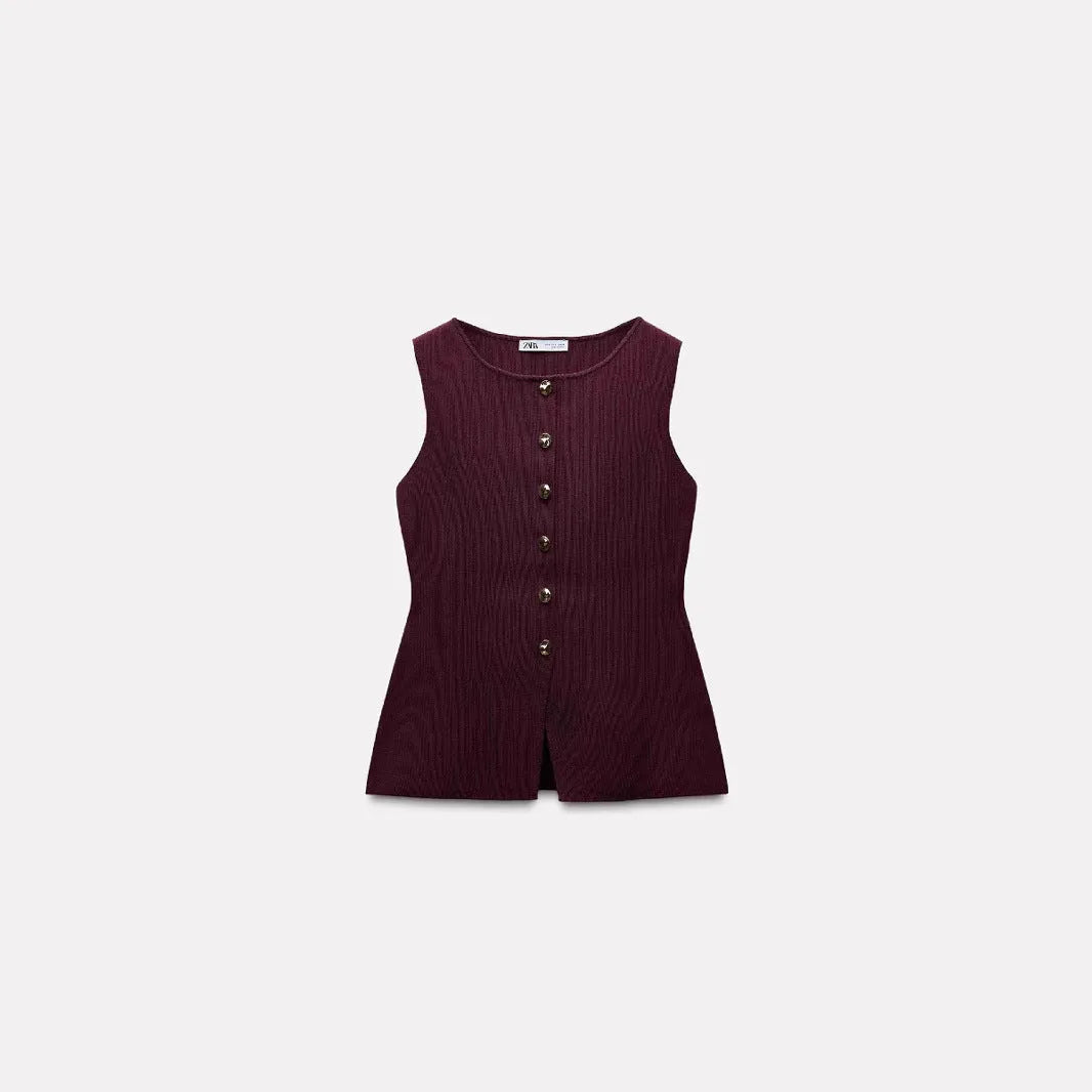 Women's dark red sleeveless sweater vest with gold buttons and 3D pattern, slim fit viscose cardigan