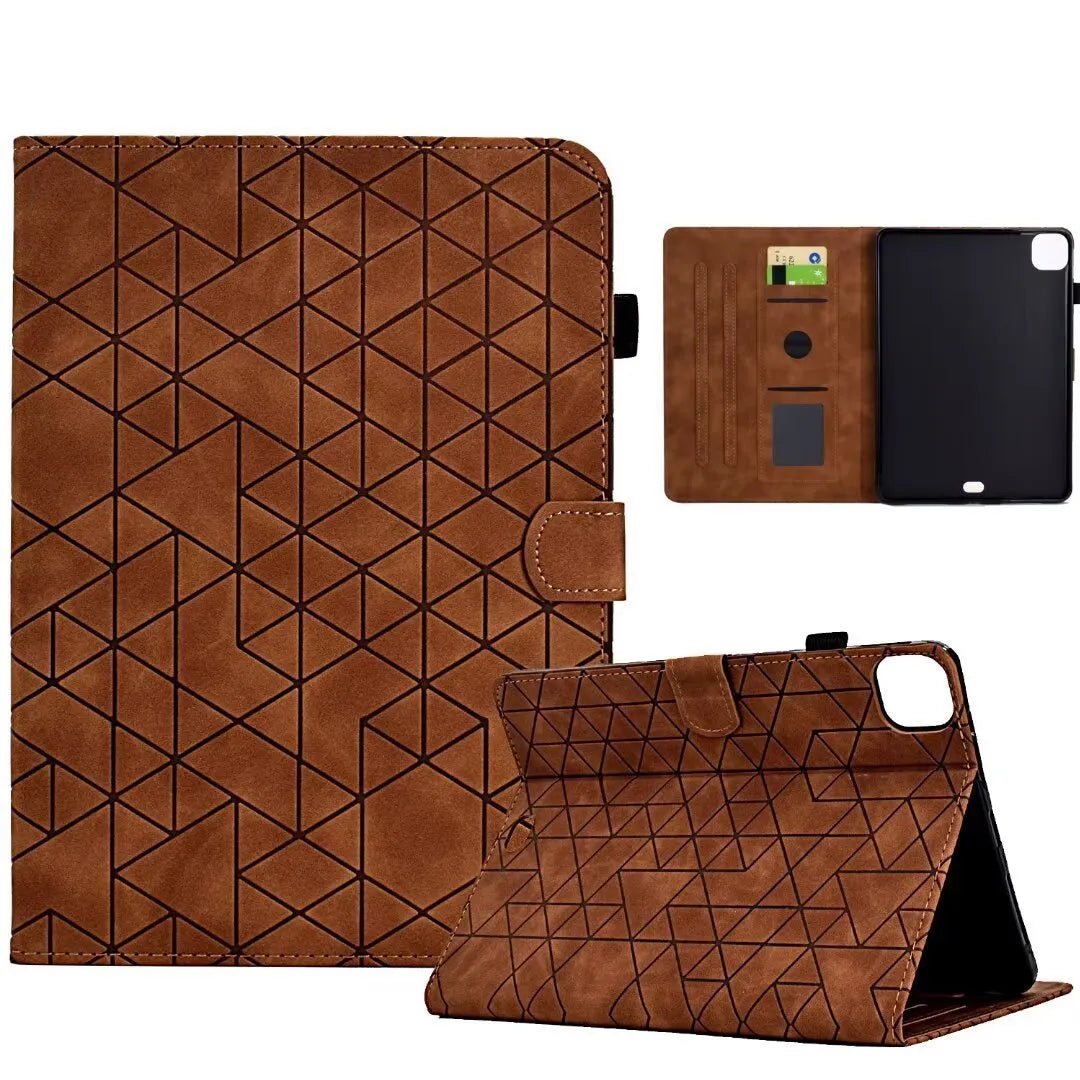 Leather tablet case for iPad Pro 11 with card slot and folded-out kickstand, shown in diamond black finish.