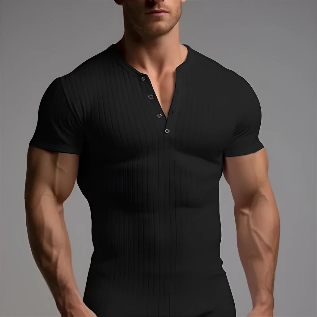 Men's slim-fit short-sleeved sports T-shirt in solid colours on a white background.