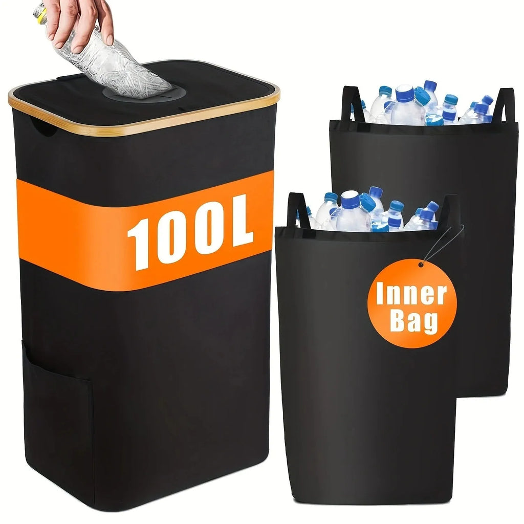 Black bamboo storage basket with a removable lid and visible inner pockets.