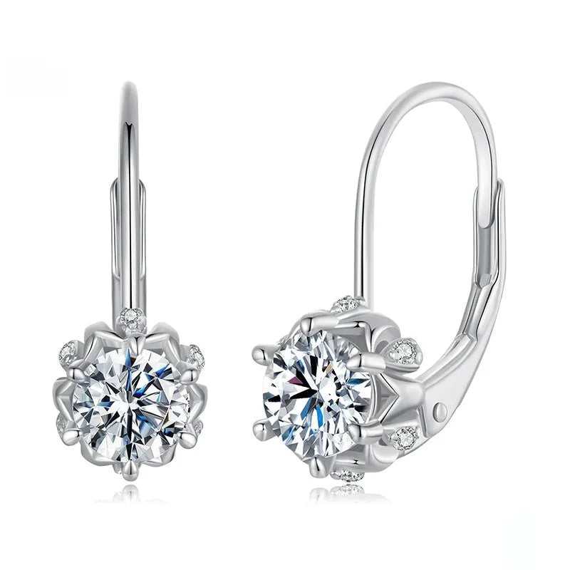 Sterling silver flower bud ear clip earrings with white gold plating and moissanite stone