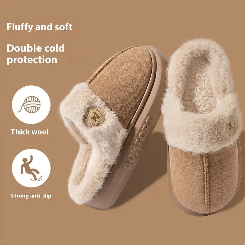 A pair of plush fleece slippers with a thick PVC sole and car stitching detail, shown in a choice of colours.
