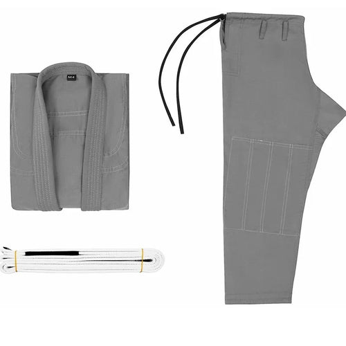 Brazilian Jiu-jitsu BJJ Gi uniform set in cotton blend fabric showing top and trousers.