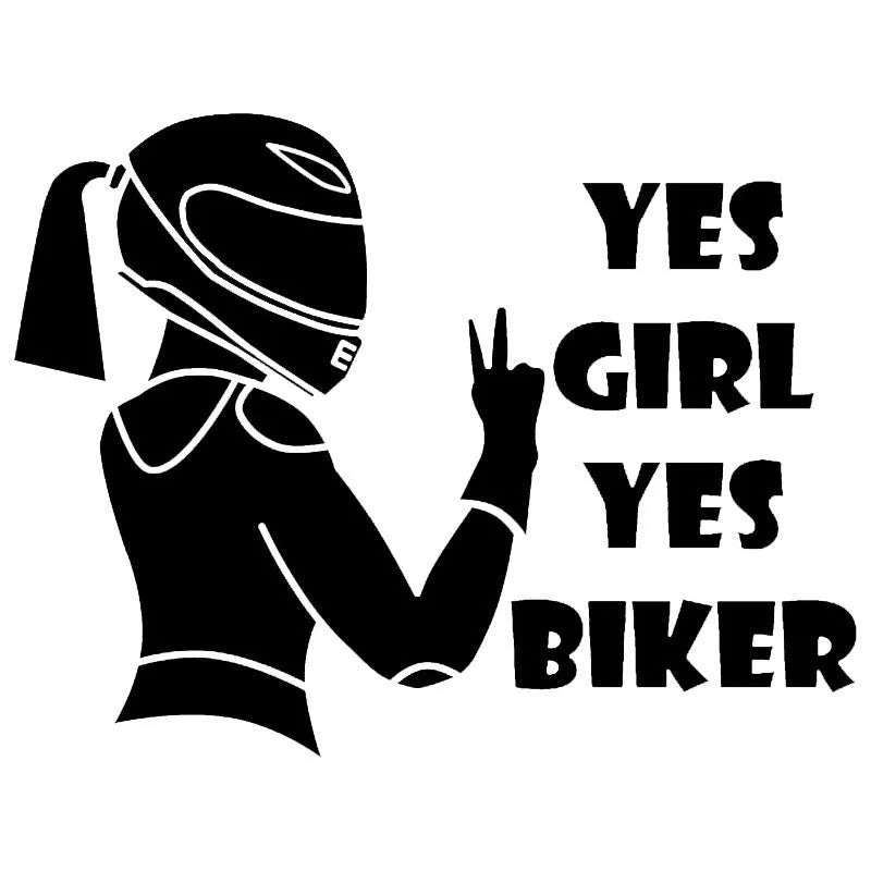 Cool Girl Rider character design car sticker in black, white, and laser colour options, 16cm by 15cm.