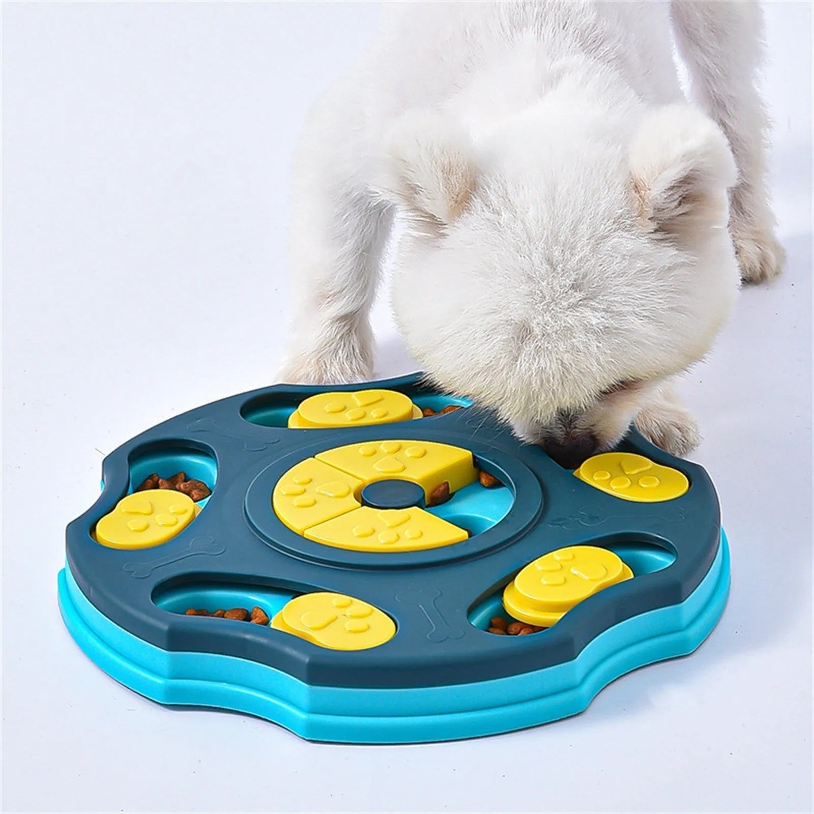 Blue dog puzzle toy feeder with compartments for interactive food search games.