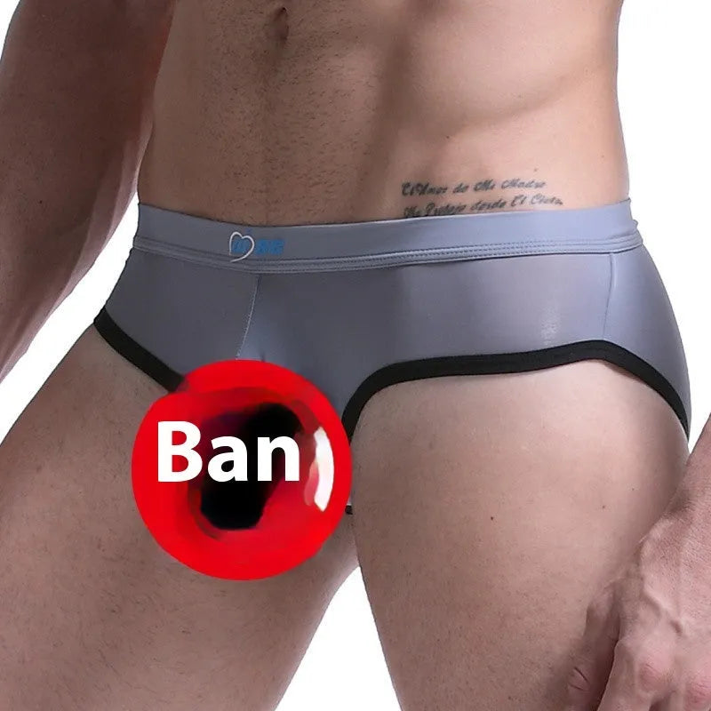 Men's mid-waist ice silk briefs in army green showing thin nylon fabric and bullet separation pouch design.