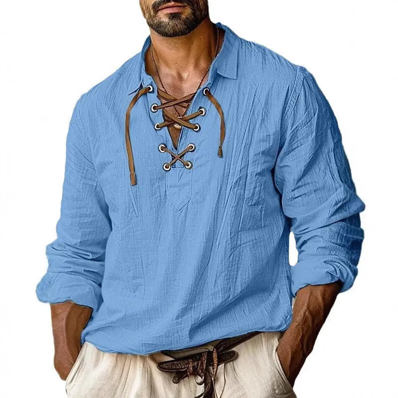 Men's loose fit linen blend shirt with white lace detail on lapel collar, shown in blue.