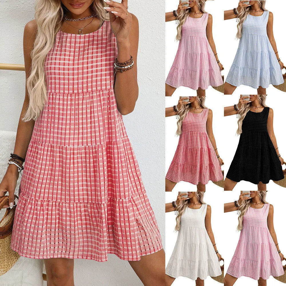 Women's loose sleeveless plaid dress with lining and swing skirt in light blue