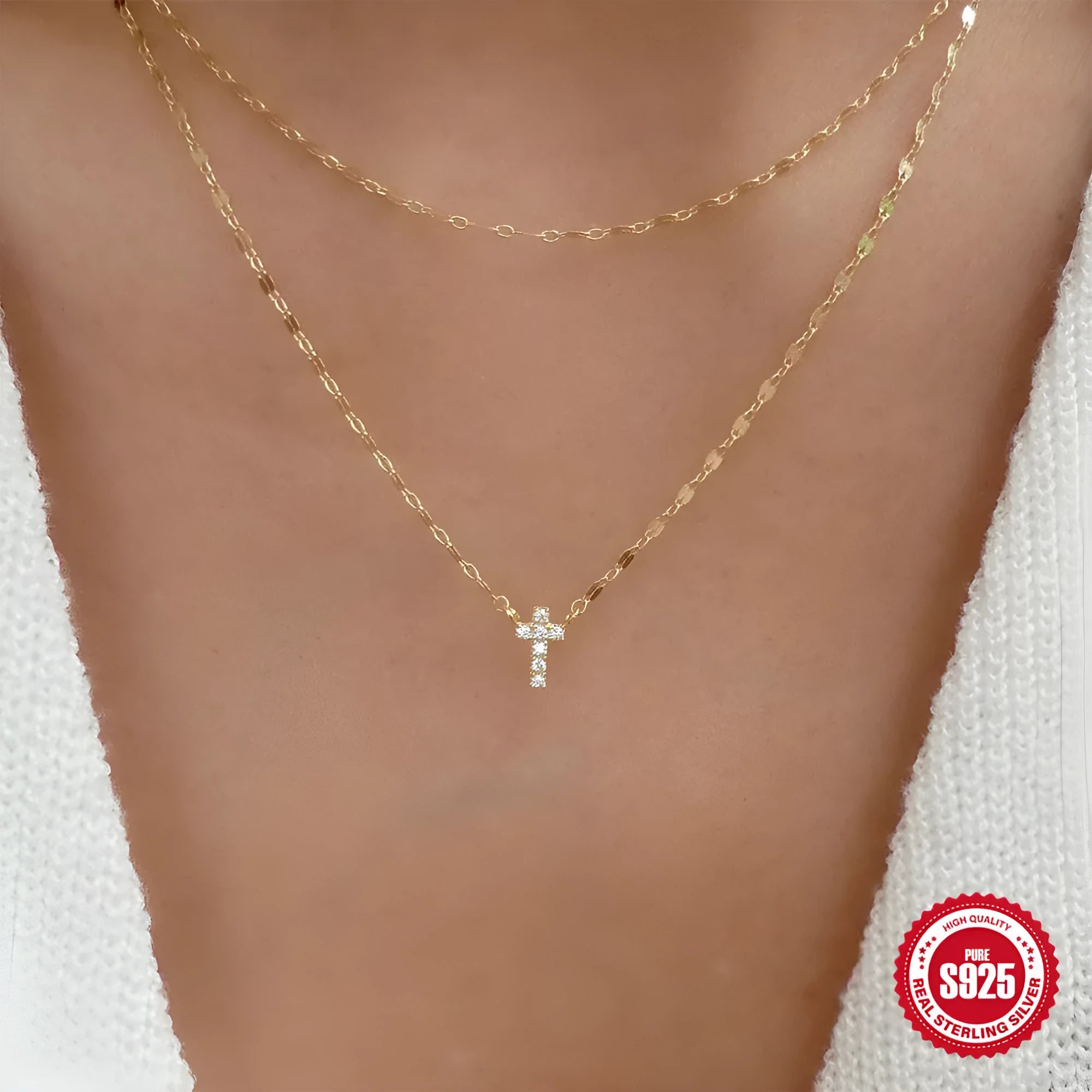 S925 sterling silver double layer geometric cross pendant with twin diamond patterns on clavicle chain