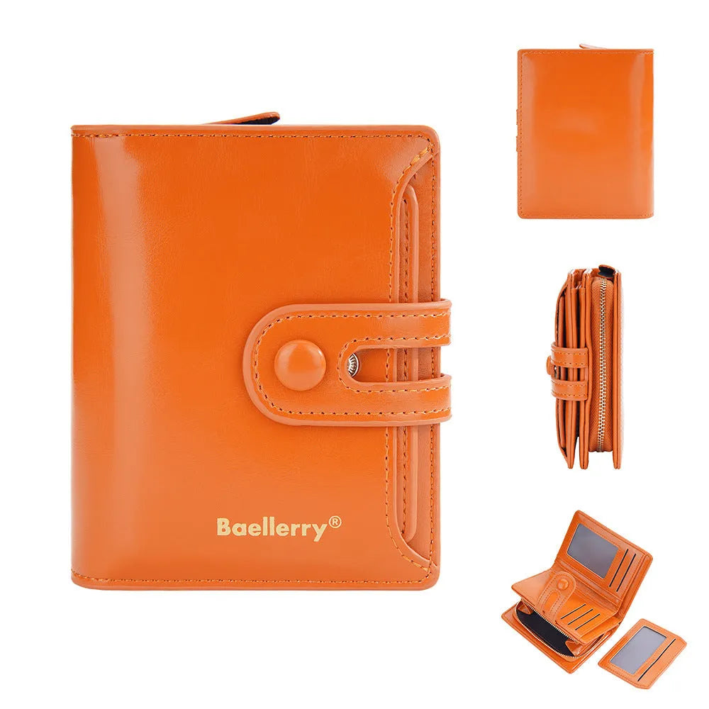 Soft PU leather card holder wallet for women shown in multiple colours with card slots.