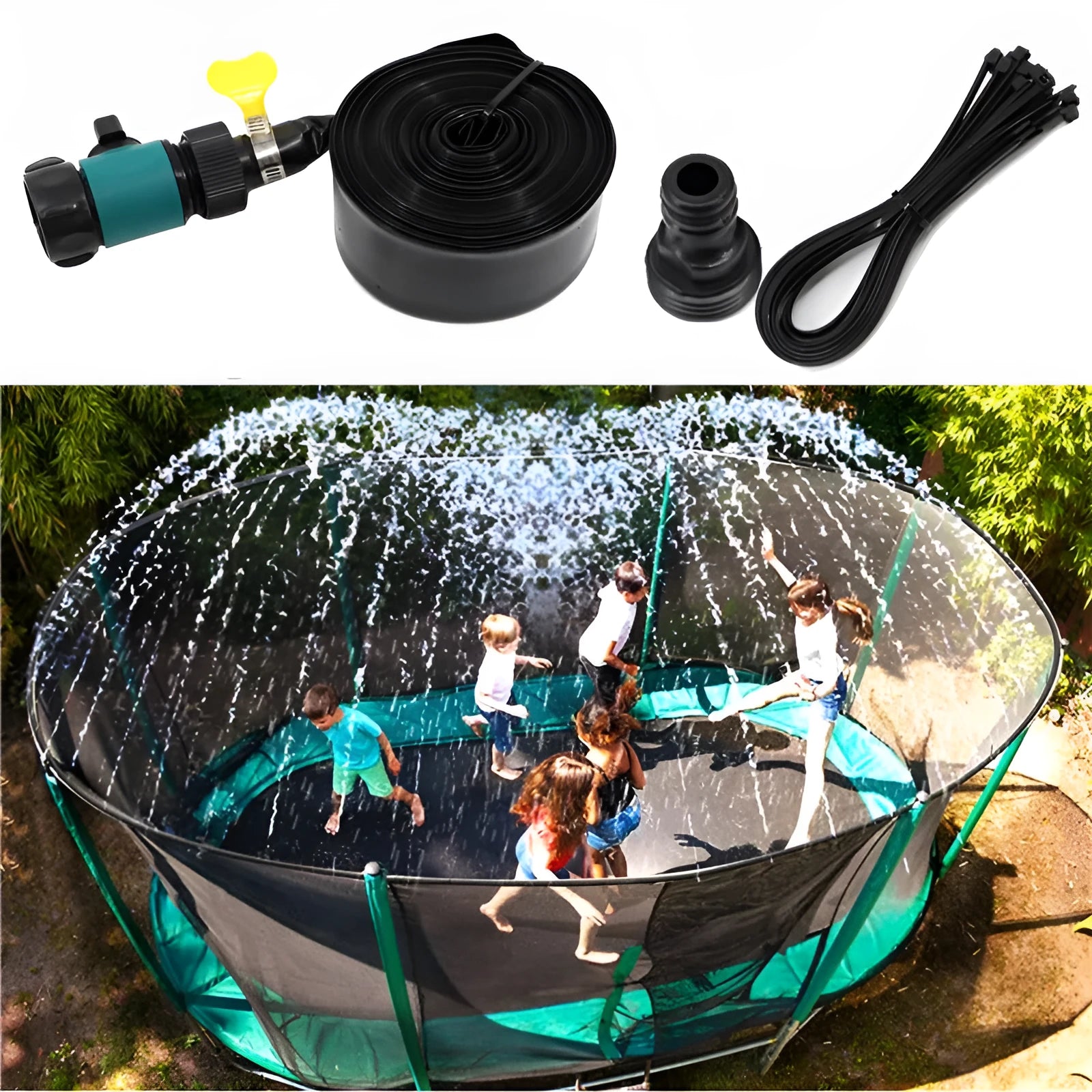 Blue portable garden sprinkler with solar water cooling feature and PVC switch