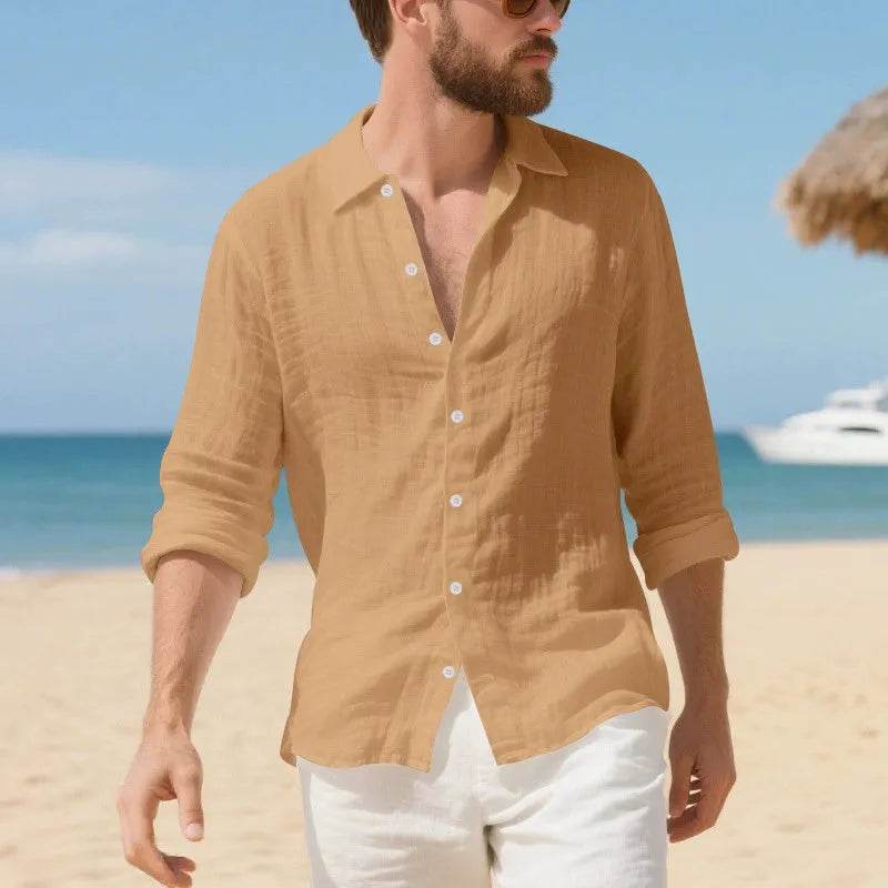 Linen American-style casual shirt in loose fit with non-ironing process