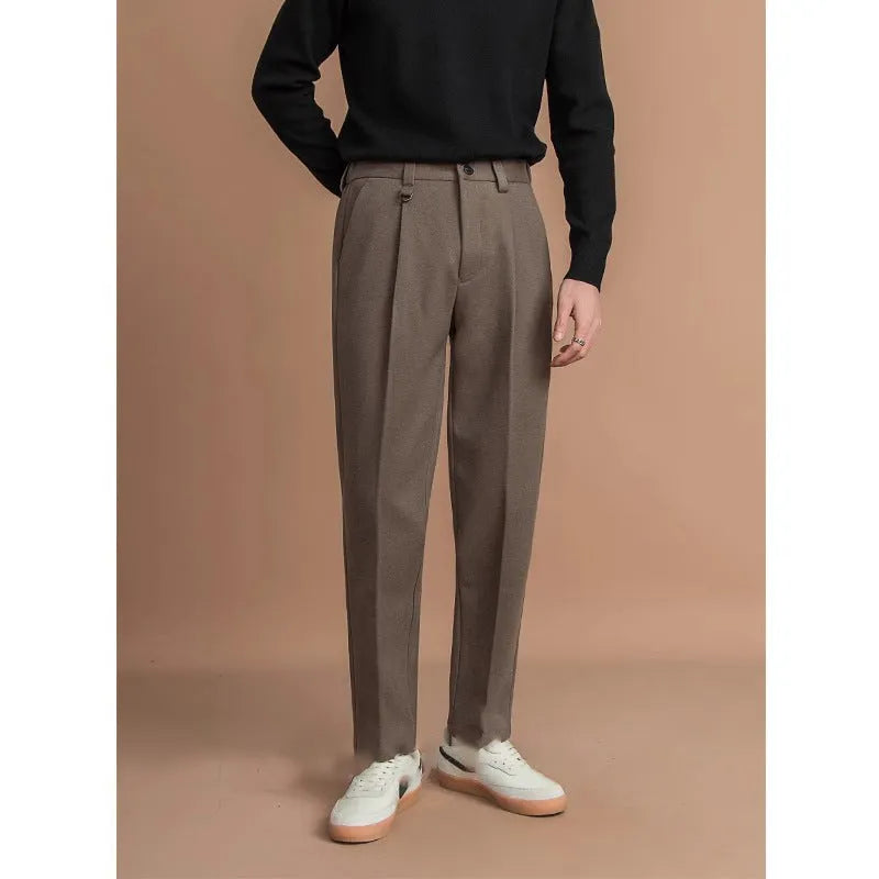 Men's straight-leg trousers in polyester fabric with draped styling for business casual wear