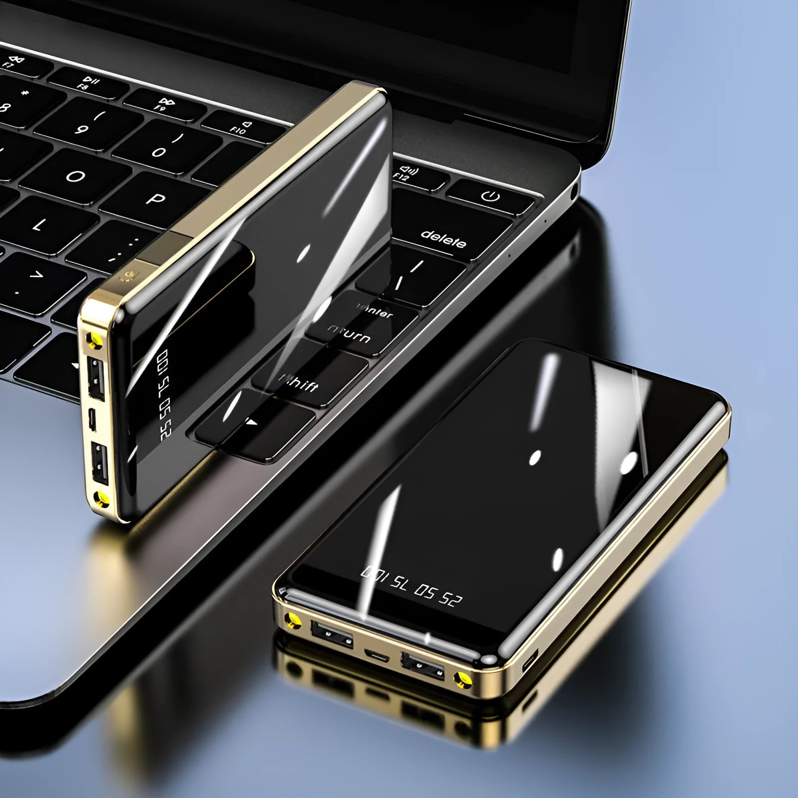 Mirror digital display power bank showing remaining battery percentage with aluminum shell
