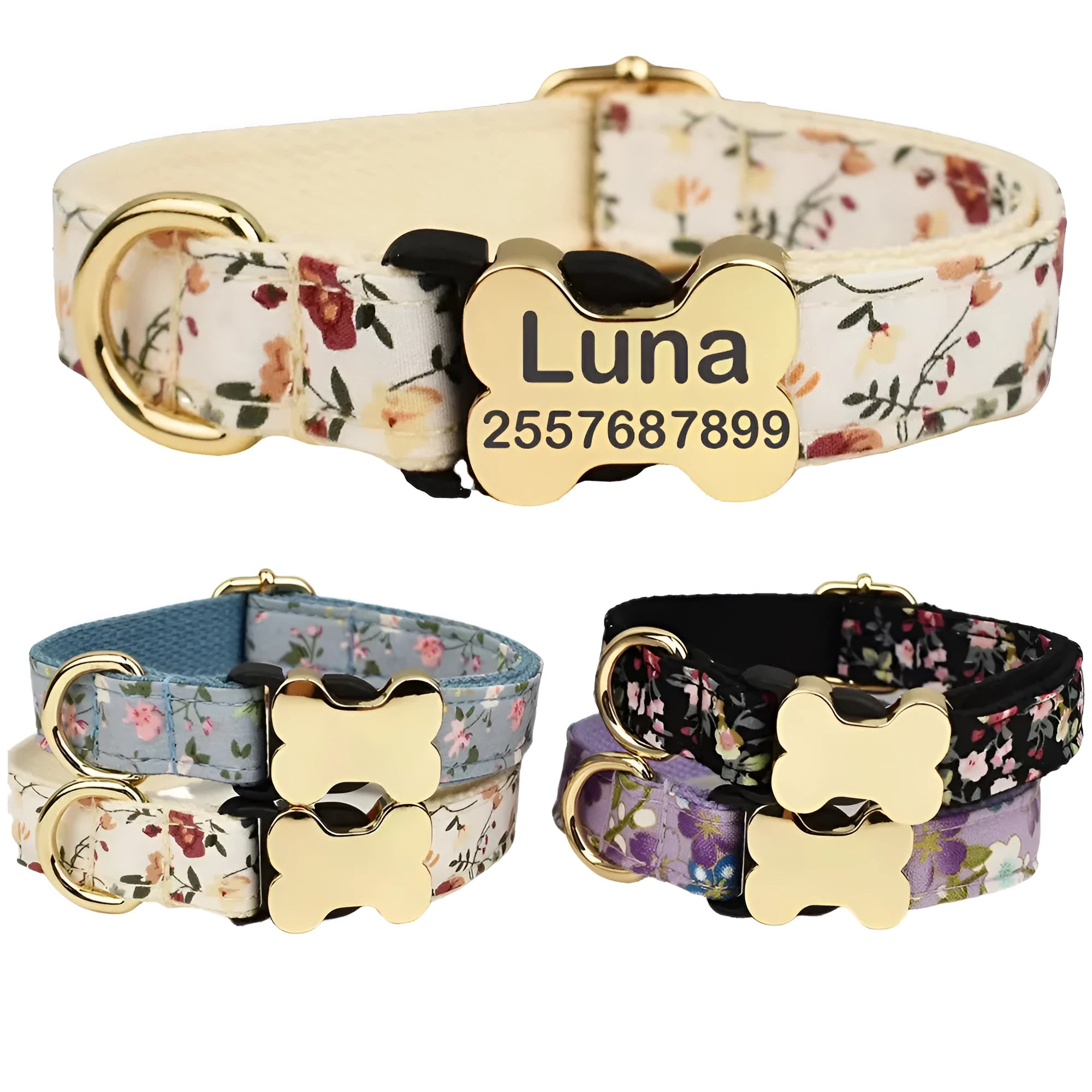 Flat nylon dog collar with grey grid print and a white bone-shaped plastic buckle.