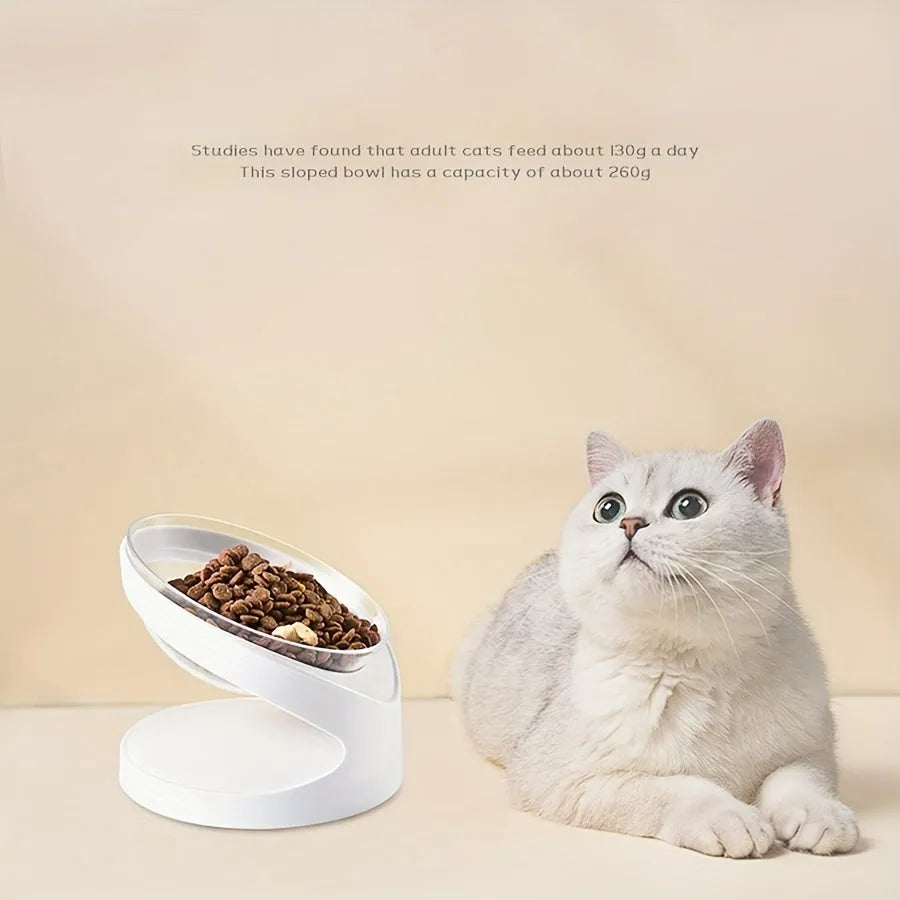 White clear plastic tilted ergonomic cat food bowl for dry and wet food.