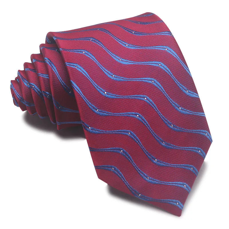 Men's red, black, and blue striped jacquard tie with an arrow shape and 8cm width.