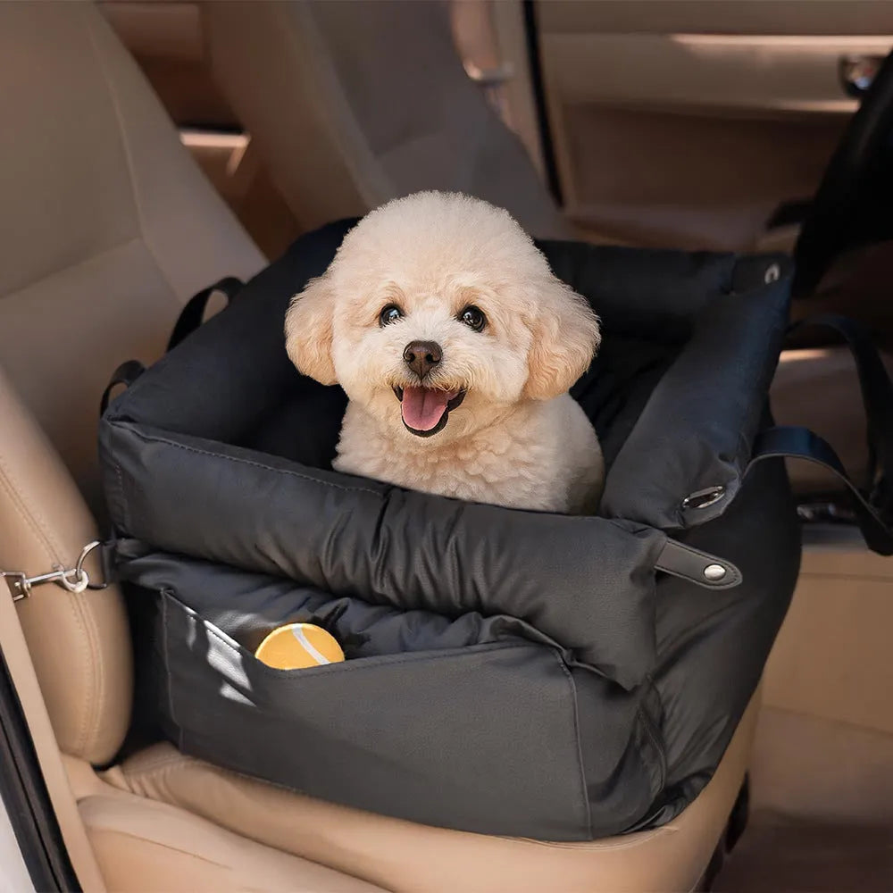 Green waterproof PU leather dog car nest with removable bed, showing 55x50x45cm dimensions.