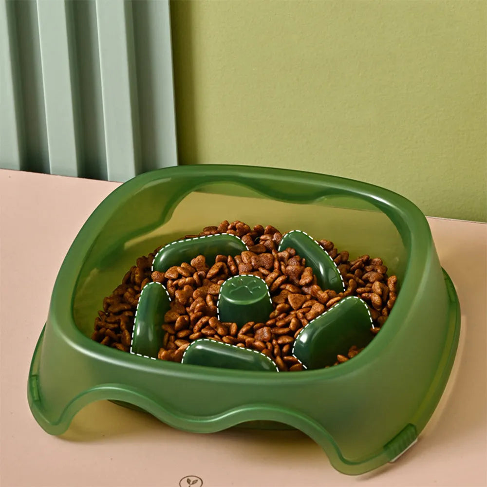 Plastic slow feed anti-choking dog bowl in blue, grey, green, or orange colour