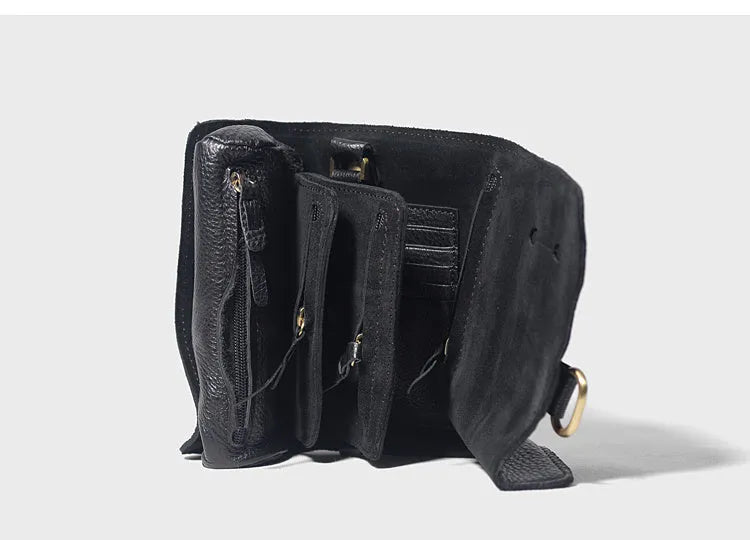Handmade leather vintage wallet in black or dark brown with tape extraction closure showing 20cm length
