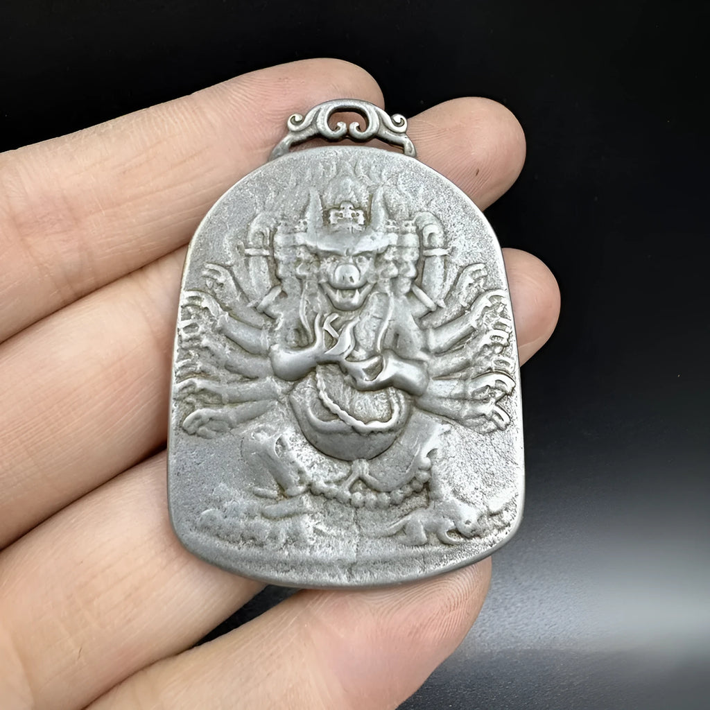 Cast iron Chinese antique geometric hanging ornament showing Aryaacalanatha or Yamantaka design