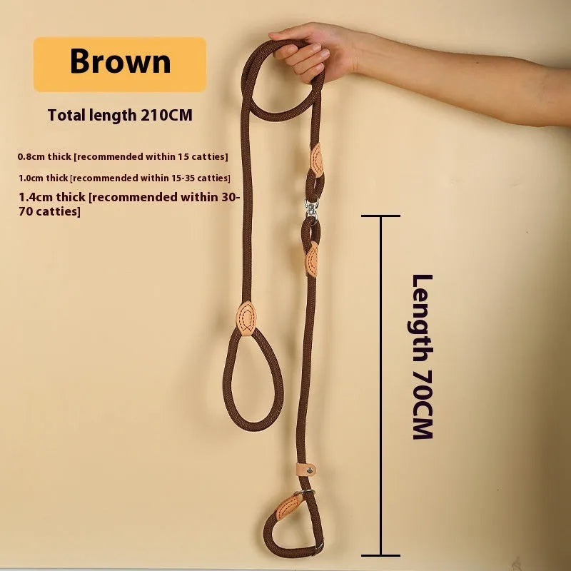 Brown nylon dog leash with chain links measuring 2.1 metres in length