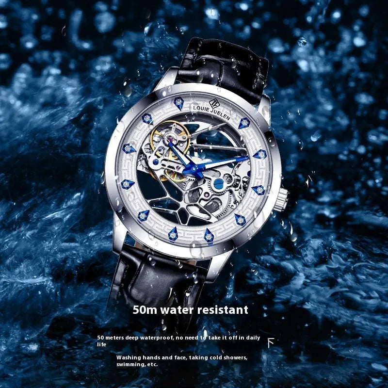 Men's silver mechanical watch with white dial, blue hands, black leather strap, and butterfly clasp.