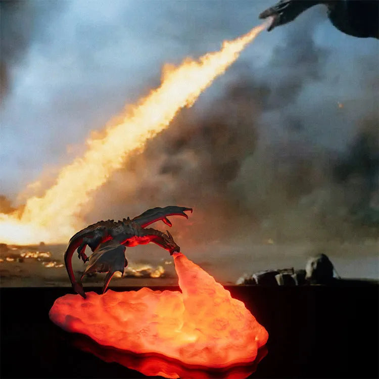 3D printed fire-breathing dragon night light with red glowing LED, measuring 200mm.