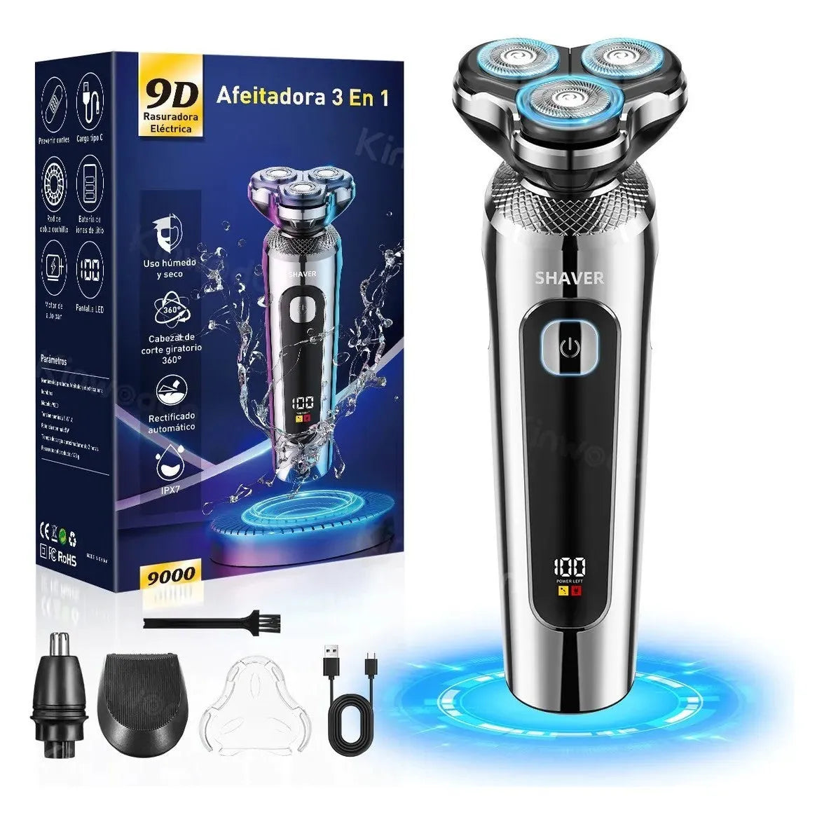 Digital USB rechargeable beard scraper with five-in-one base bracket and LED display.