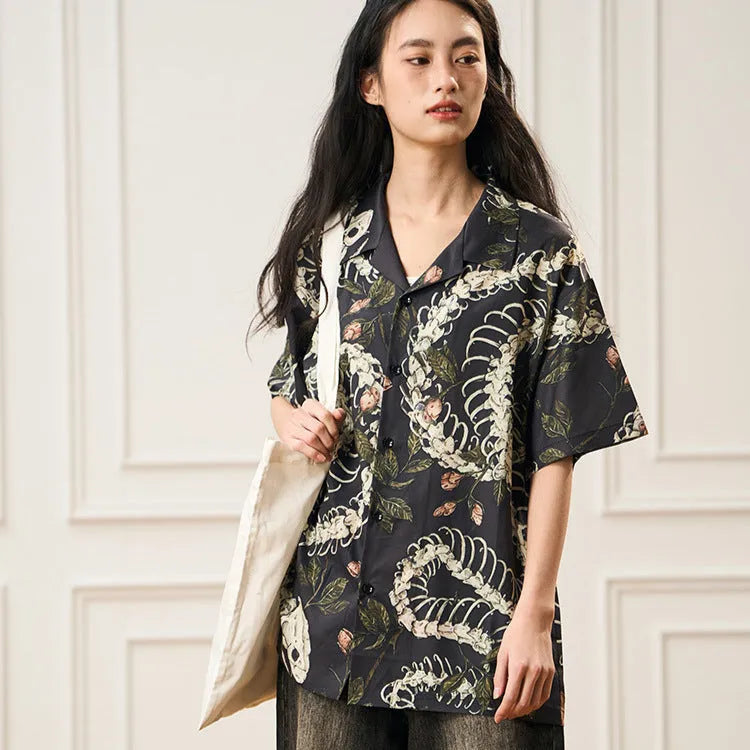 Short sleeve Cuban collar shirt with snake bone and floral pattern printed design