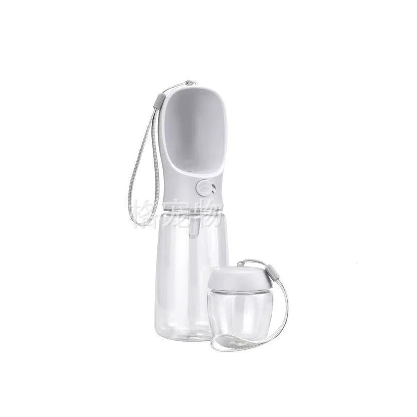 Blue portable plastic dog drinking cup with integrated bowl, showing dual-use design for outings.