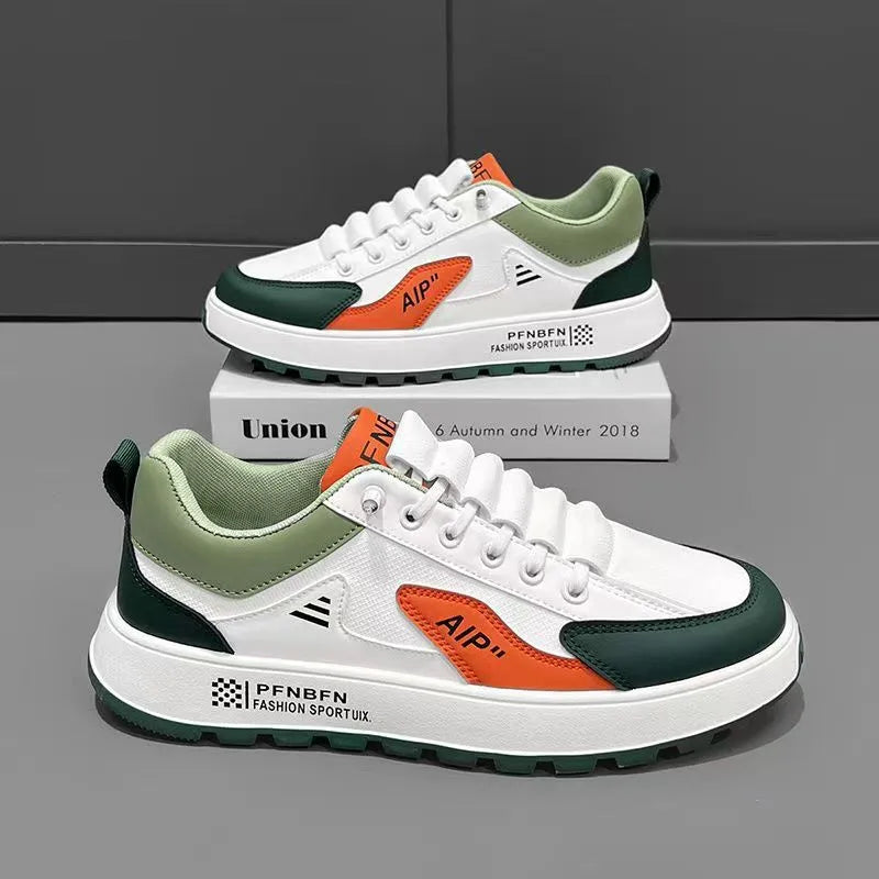 Men's casual shoes with round toe and artificial PU upper in white with black, white with brown, and white with orange colour options