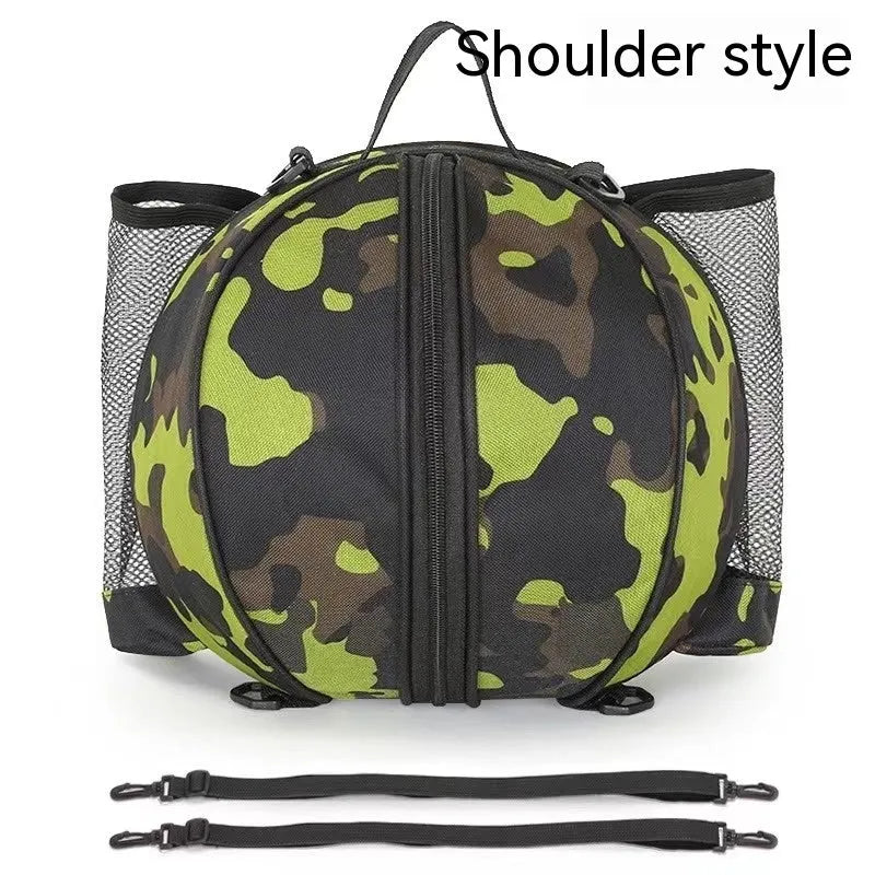 Black Oxford cloth basketball training bag with a single shoulder strap, shown next to a basketball.